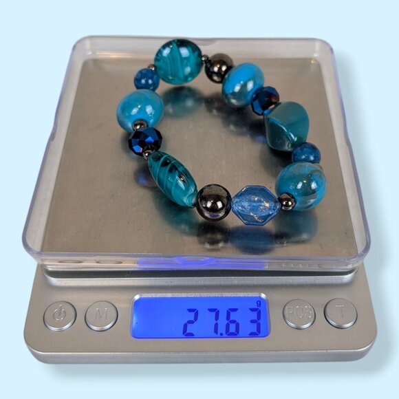 Blue Glass & Metallic Stretch Bracelet - Picture 4 of 4